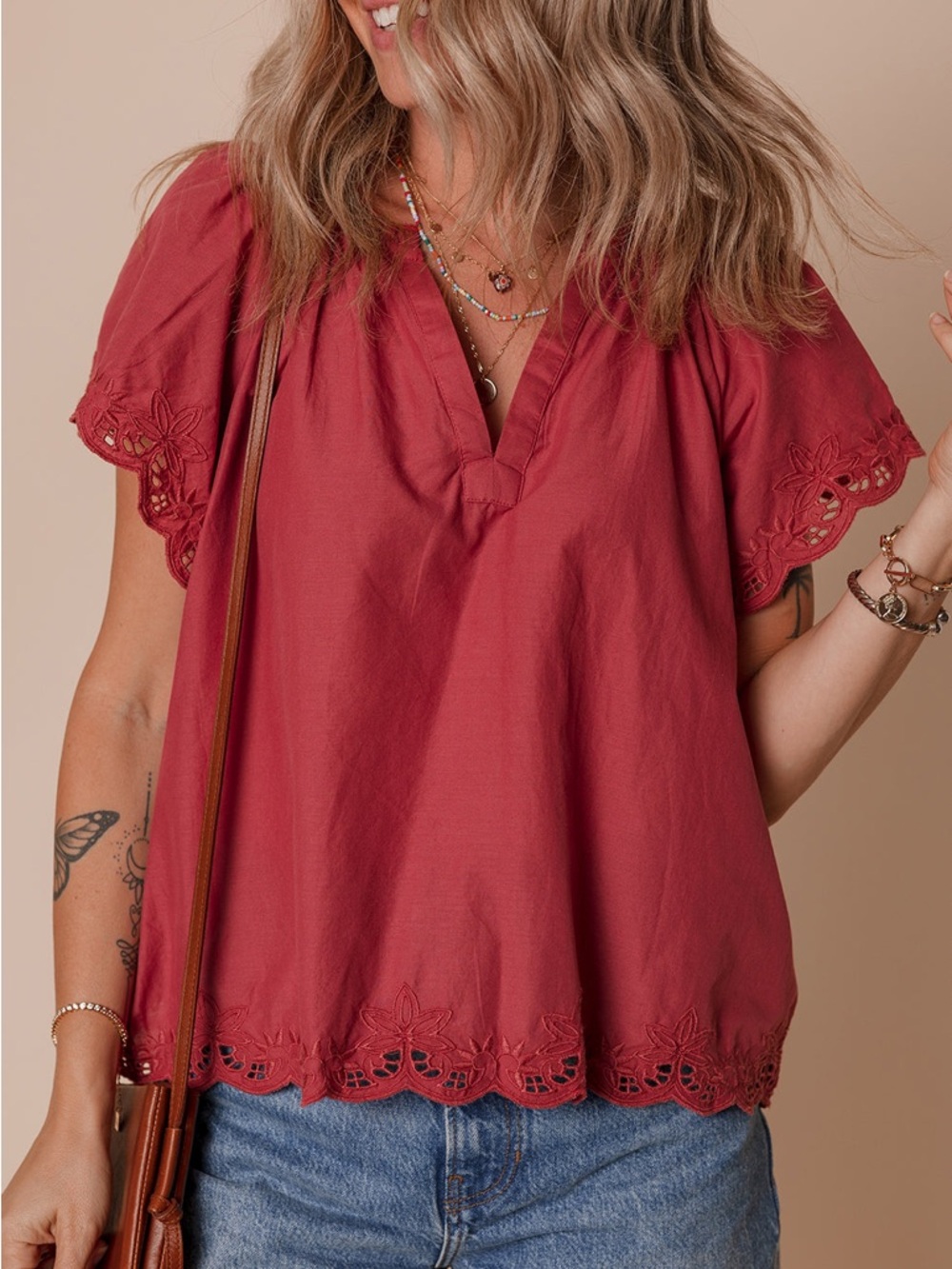 NWT Red Dahlia Eyelet Trim Top